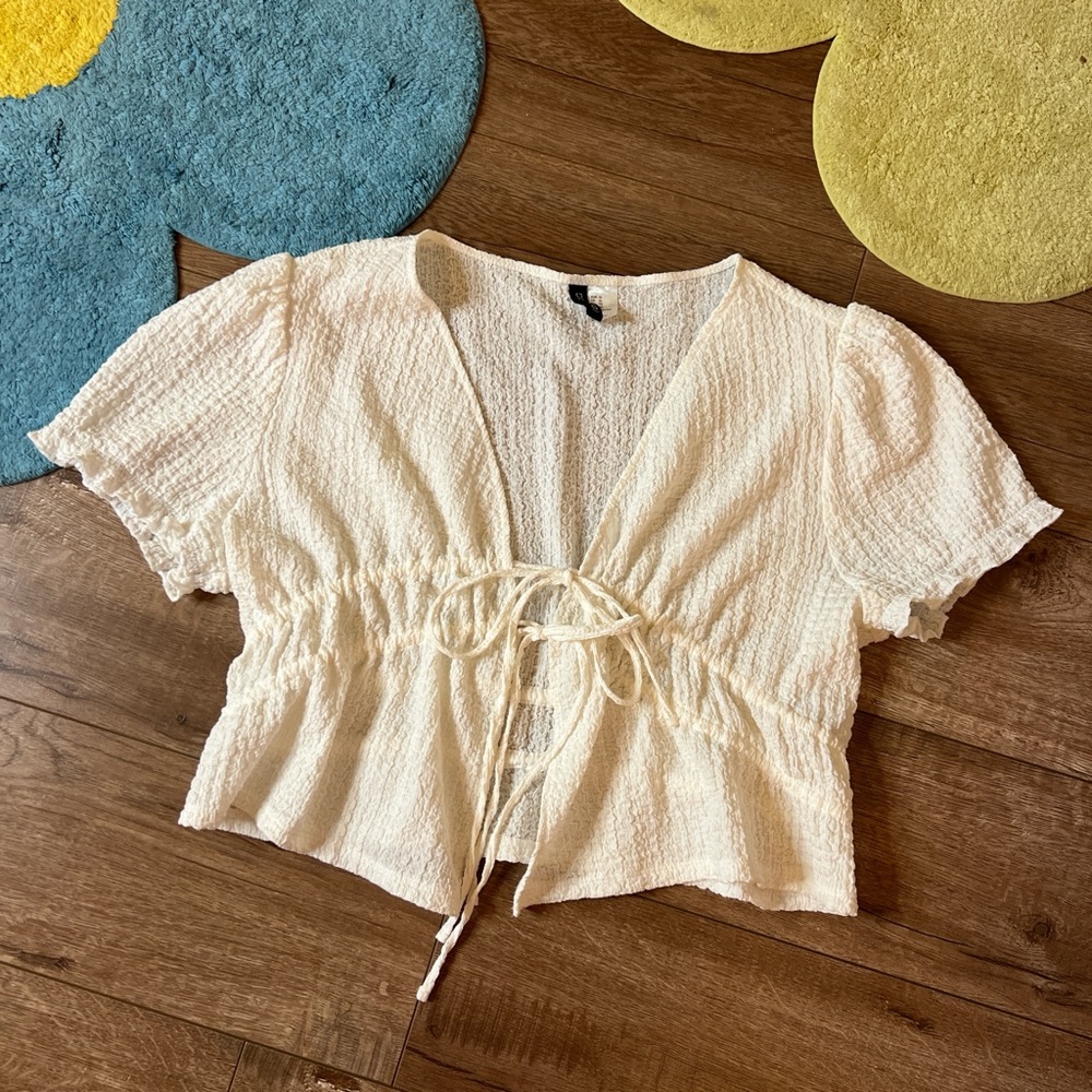 H&M white Textured Tie-Front Blouse